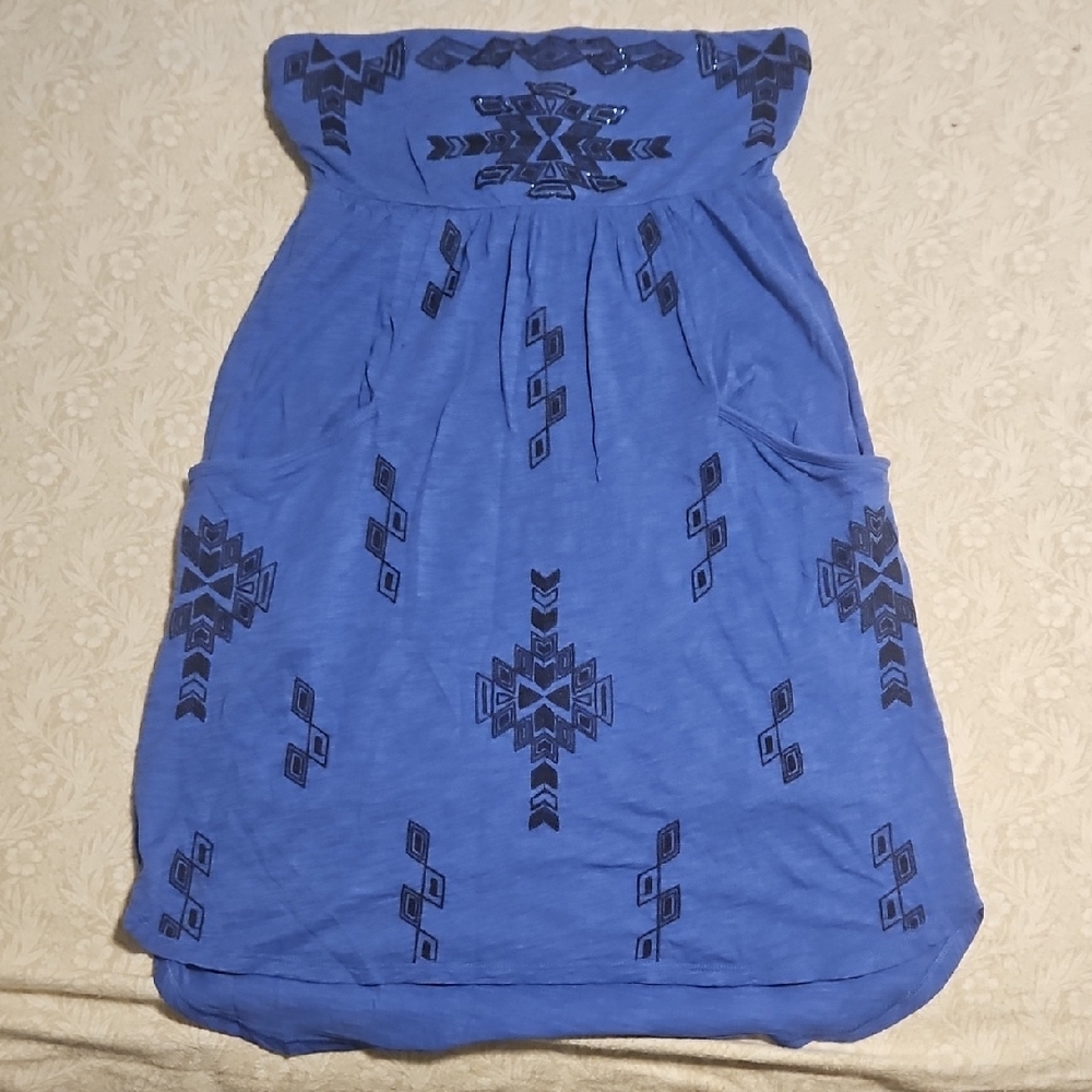 Express Blue Strapless Dress with Black Tribal Design